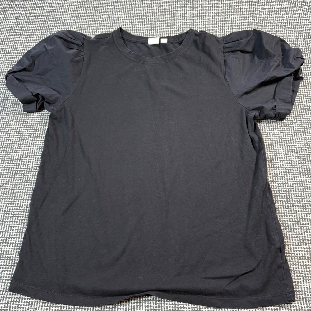 Womens Black Puff Sleeve T-Shirt Mixed Media Crew Neck Top Small